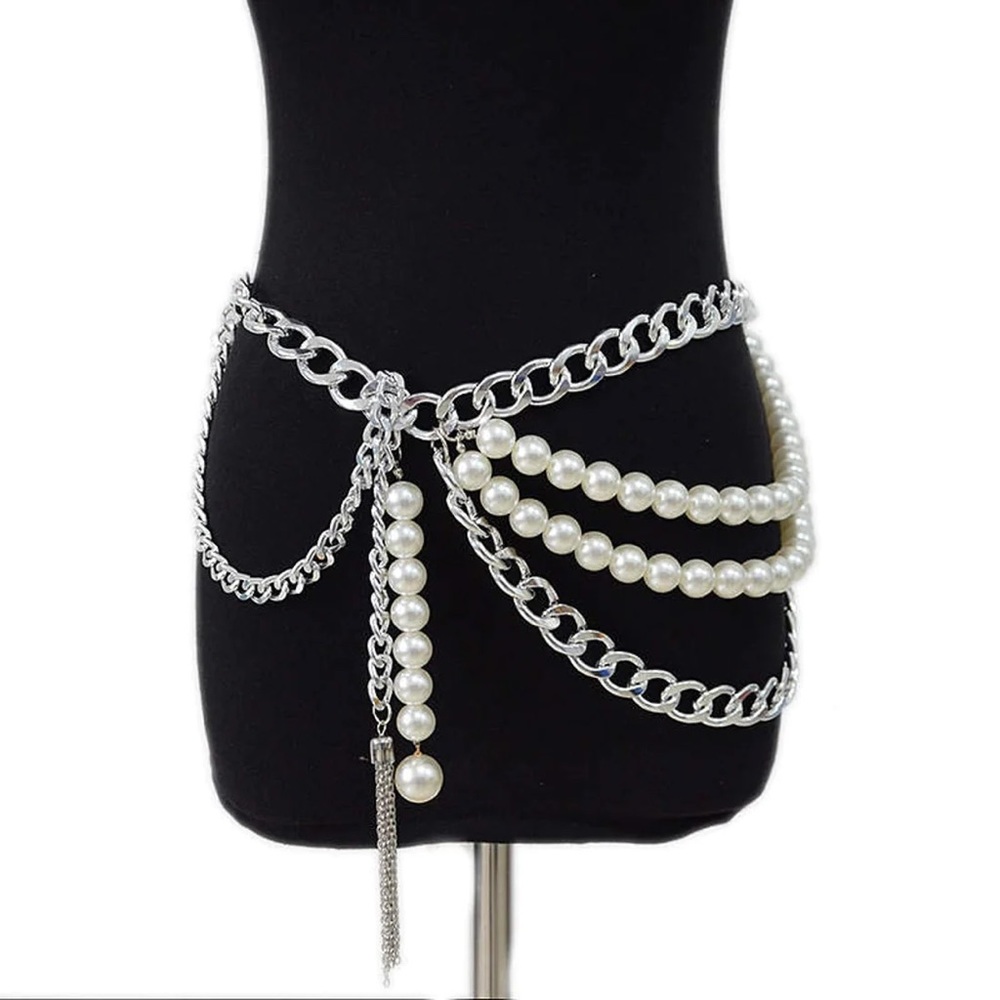Multi-Layer Thick Chain Pearl Tassel Belt  adjustable to 41 inches (105 …